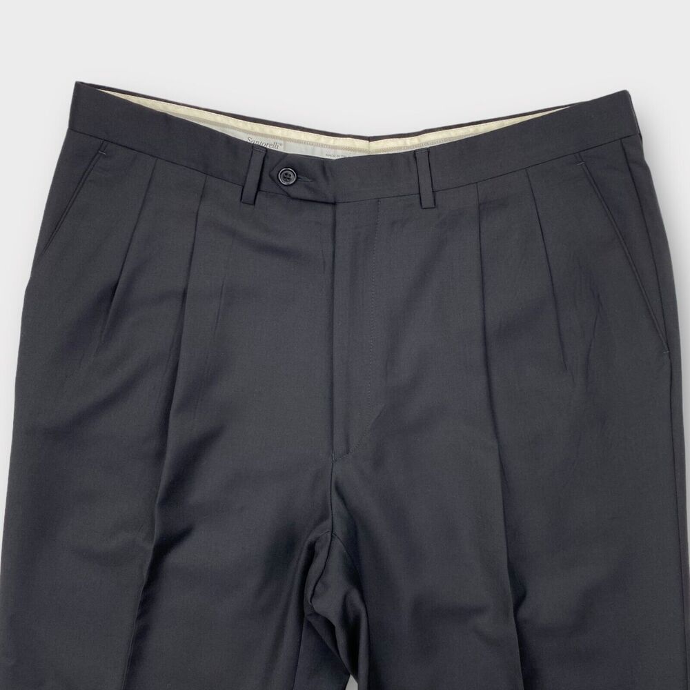 $255 Santorelli Dress Pants Mens 35x28 Como 2 Pleated Black Trousers Wool Italy - Picture 3 of 15